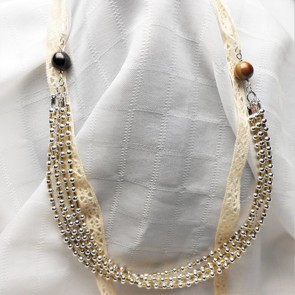 Handmade ribbon necklace with 3mm glass and metal beads - No. 223